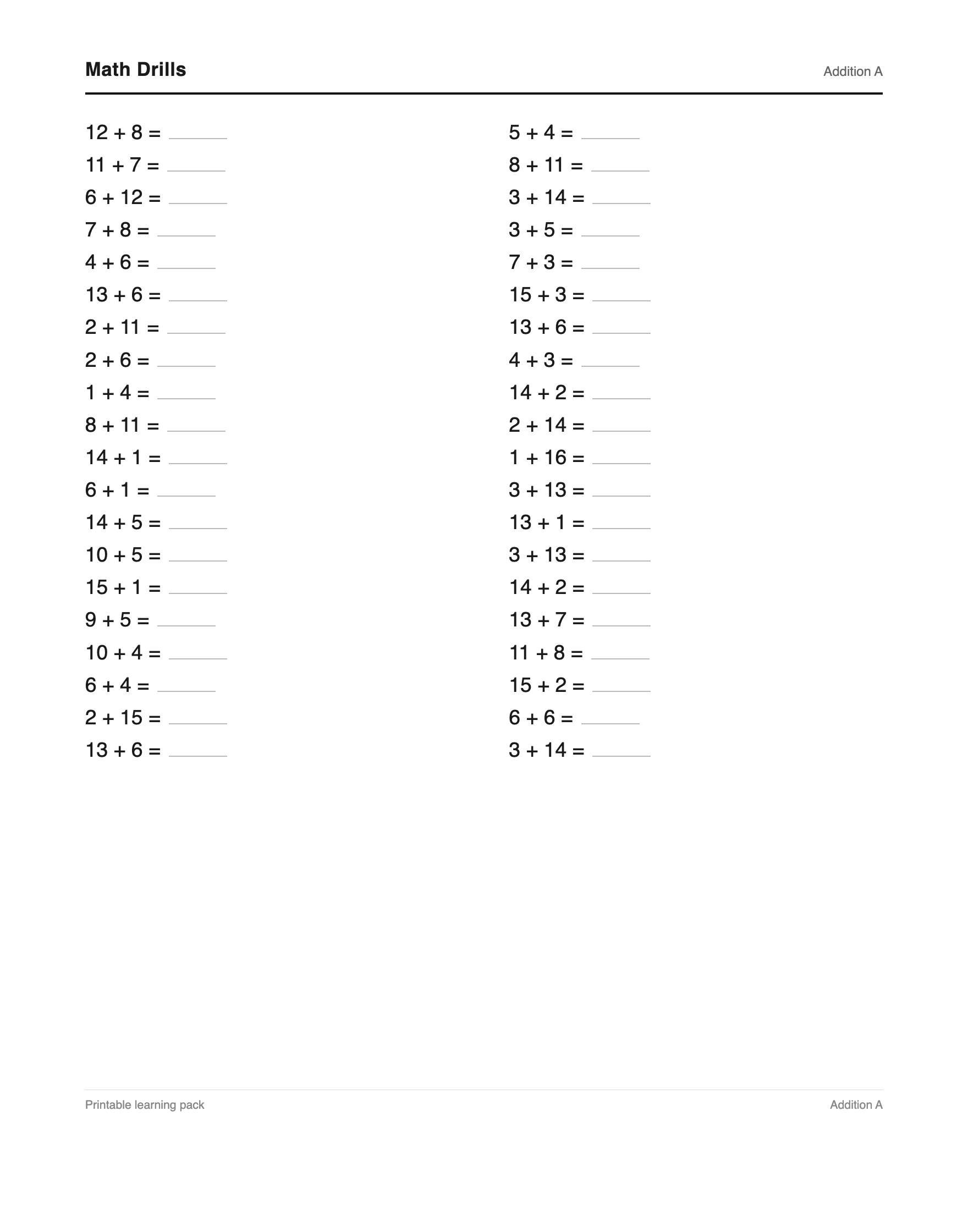 Math Drills within 20 preview